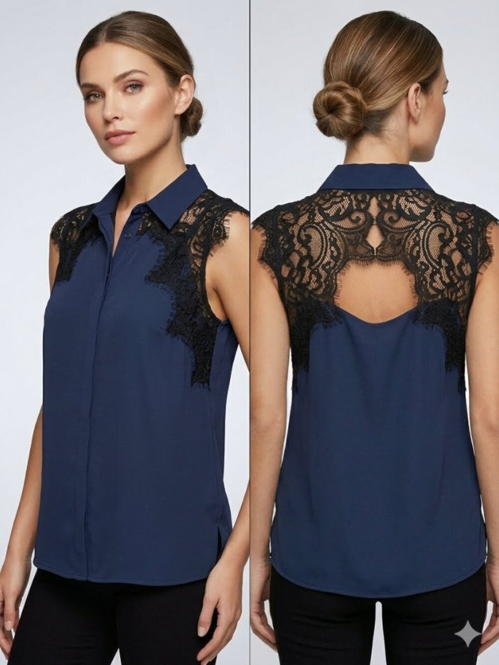 cooper & ella Navy Vera Lace Sleeveless Blouse M NWT